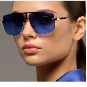 Rimless Sunglasses Women Square Navy Blue Lens Gold Frame Fashion Shades‎ Female